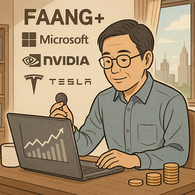 Illustration for a blog about FAANG+ investments, early retirement, and balancing work-life quality. The image should depict a serene scene of a person sitting on a park bench with a laptop, surrounded by symbols of technology and finance (e.g., stock charts, tech logos like Meta, Apple, Amazon, etc.), with a subtle sunrise in the background symbolizing new opportunities.