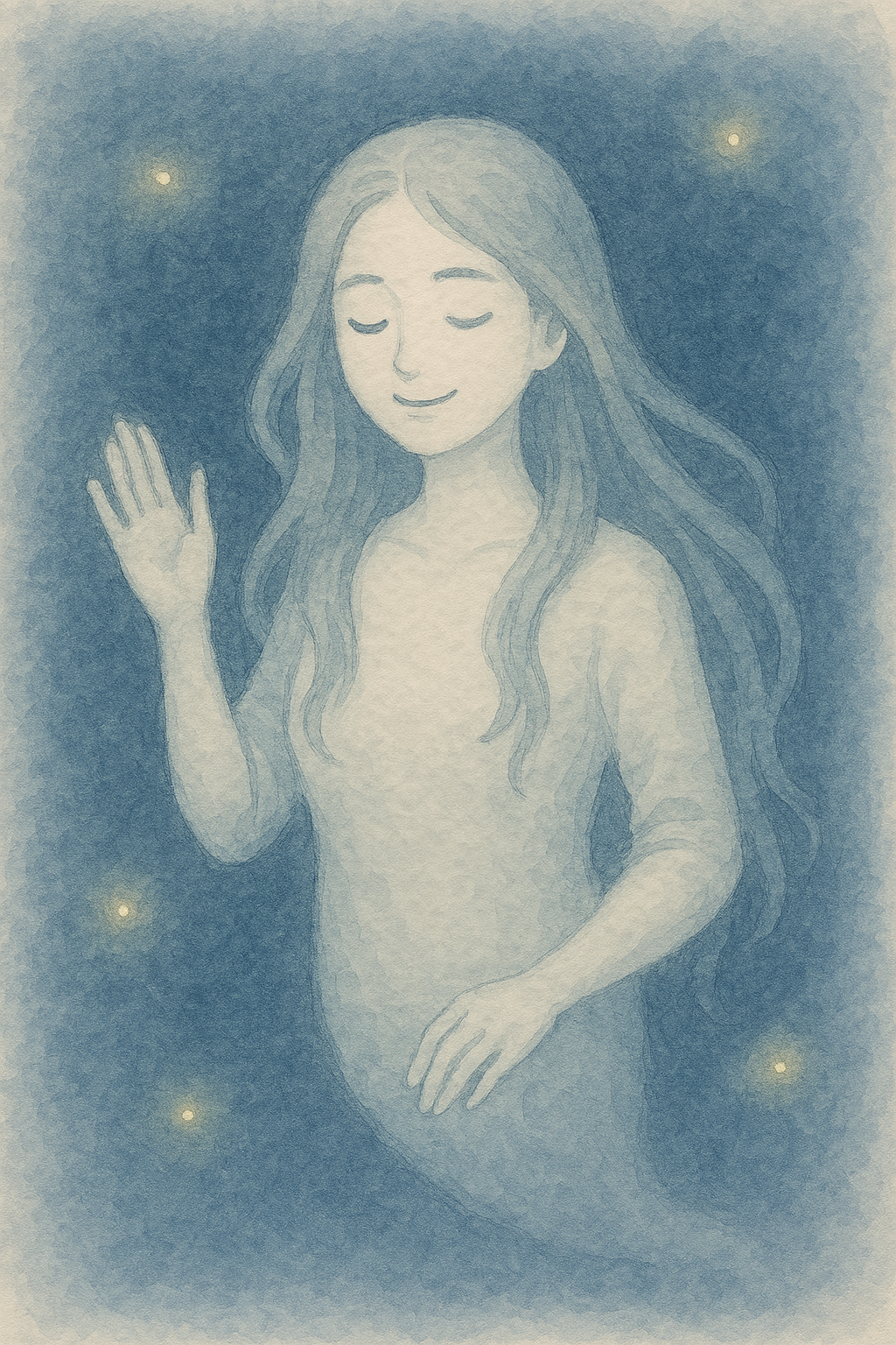 淡い水彩で、静かに浮かぶ“かわいい女性の幽霊の気配”を描く。ロン毛で、優しい表情をしており、白く透けるような姿。背景は夜の静けさを感じさせる青系のグラデーションで、光に溶けるような雰囲気。怖さはなく、穏やかであたたかい印象。